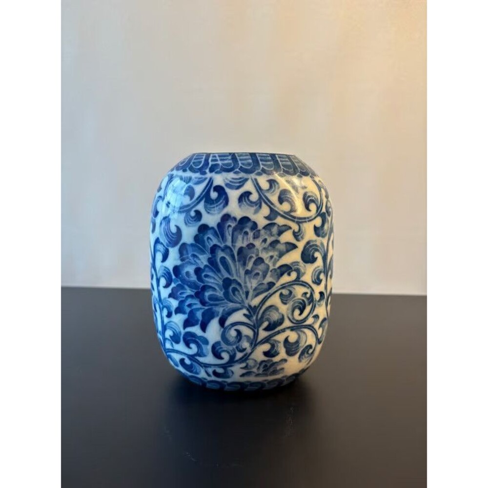 Andrea by Sadek Blue and White Vase Ovoid Scrolling Lotus Porcelain